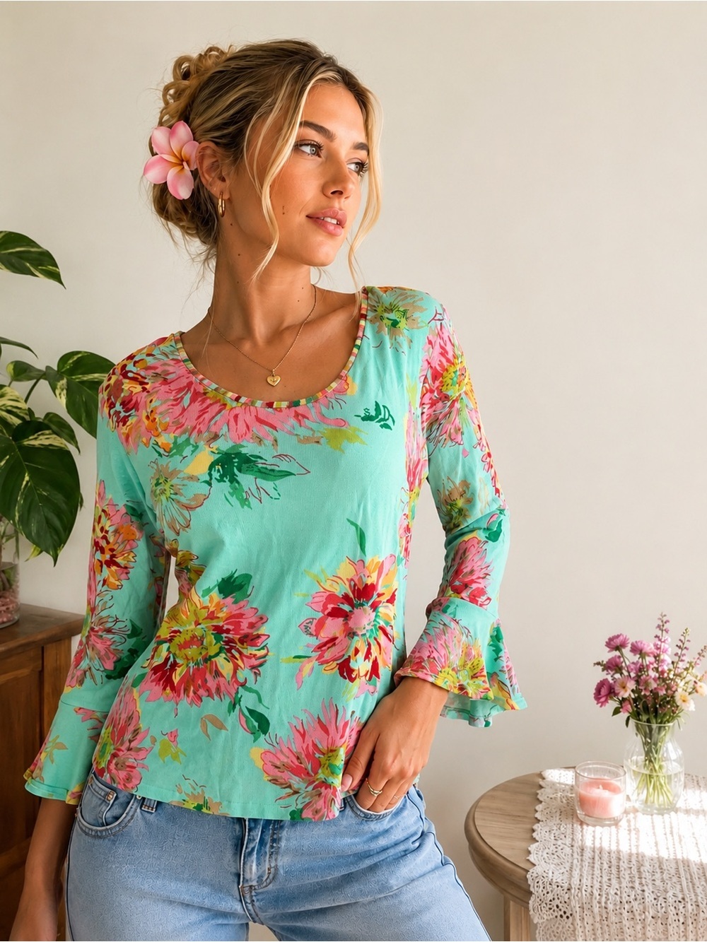 Y2K Joseph A Aqua Floral Knit Top Large NWT Cottagecore Boho 3/4 Sleeve Blouse